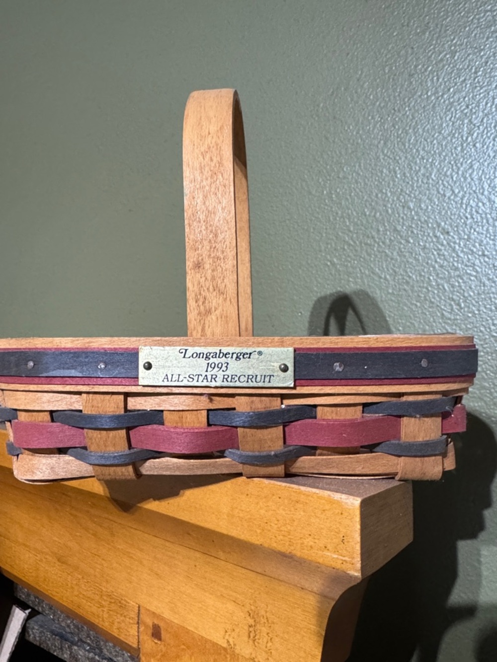 Longaberger Basket with Brown Body and Red and Blue Weave Accents